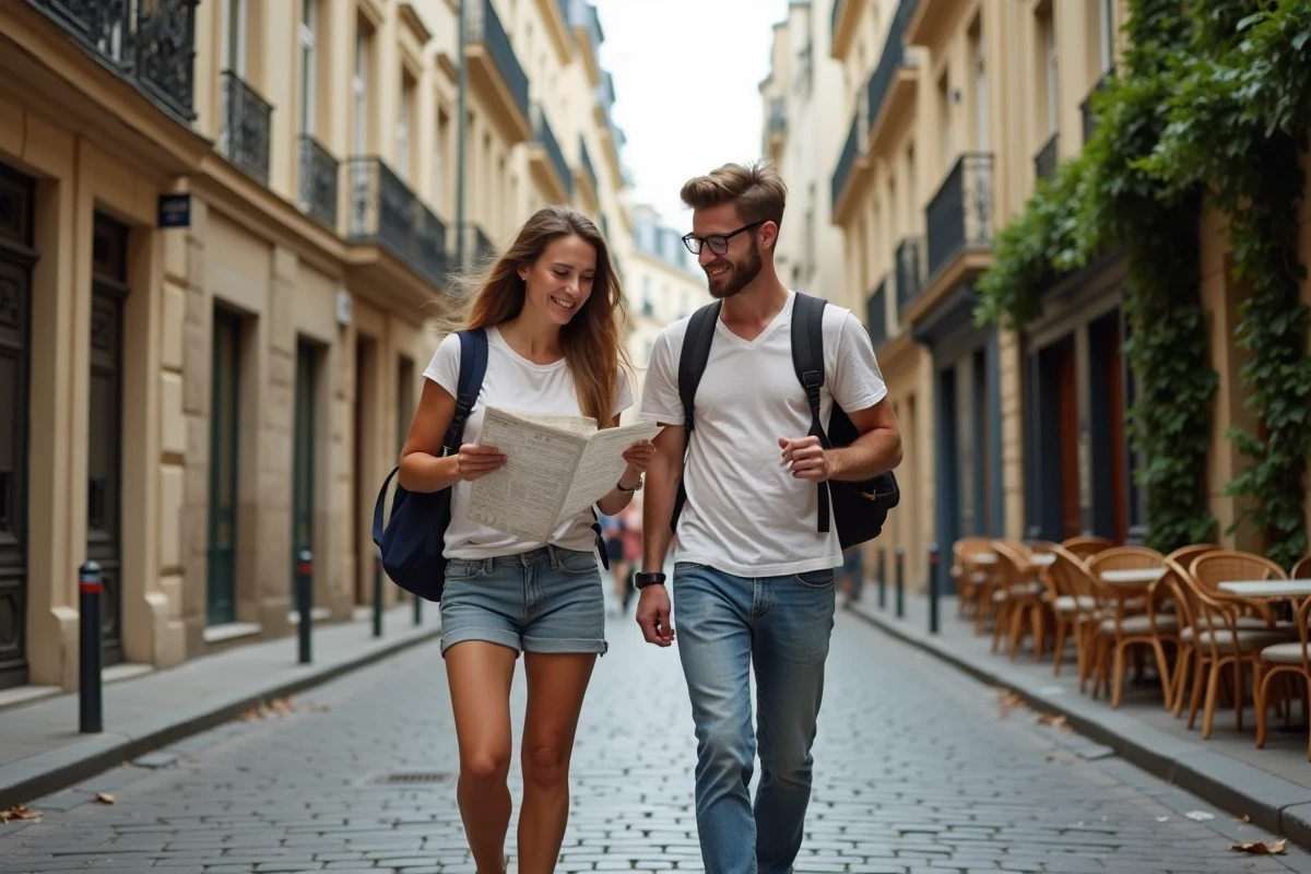 Couple se promenant dans le quartier du Marais à Paris pendant une daysue, explorant les rues pittoresques entre deux sessions à l'hôtel