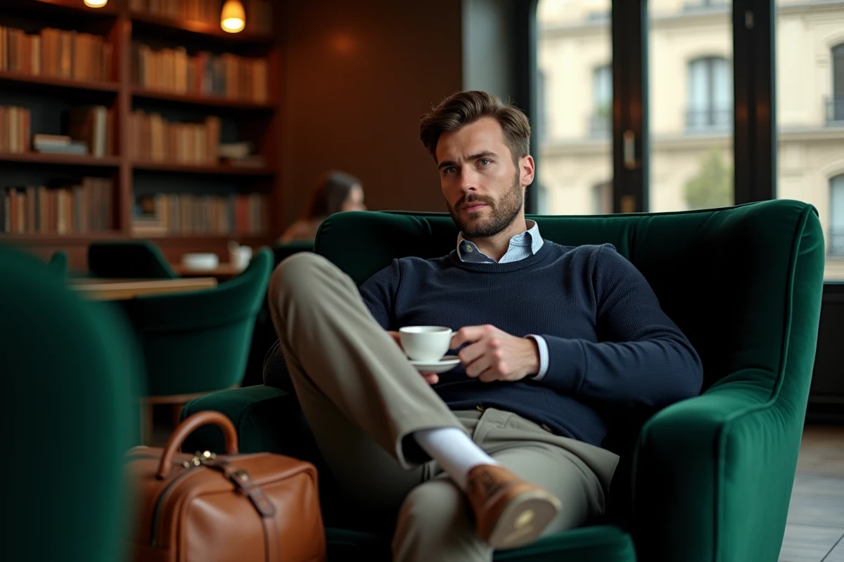 Homme se relaxant dans le salon feutré d'un hôtel parisien avec un expresso lors d'une journée daysue au cœur de Paris