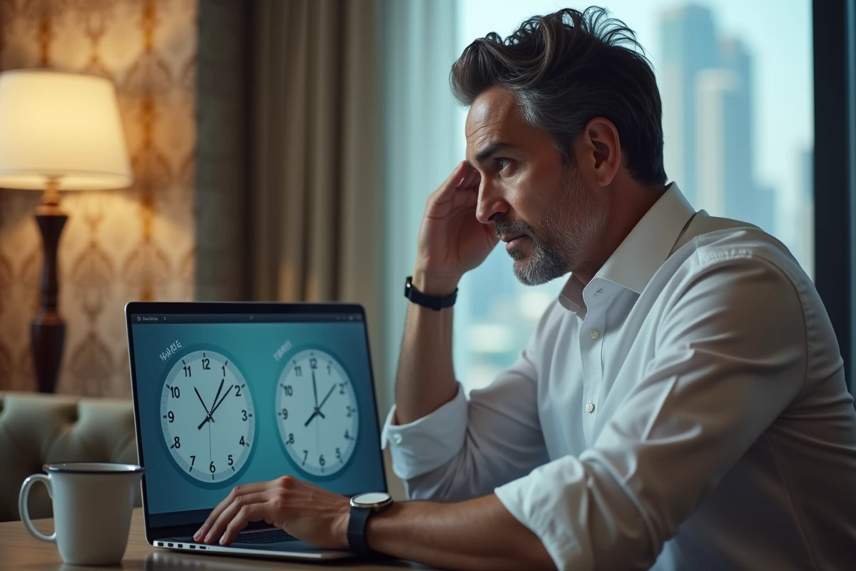 Homme d'affaires désorienté par le décalage horaire entre Paris et Dubaï, consultant deux fuseaux horaires sur son ordinateur portable dans une chambre d'hôtel