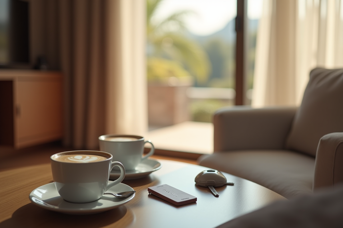 Coin de chambre d hotel avec clés et tasses de café