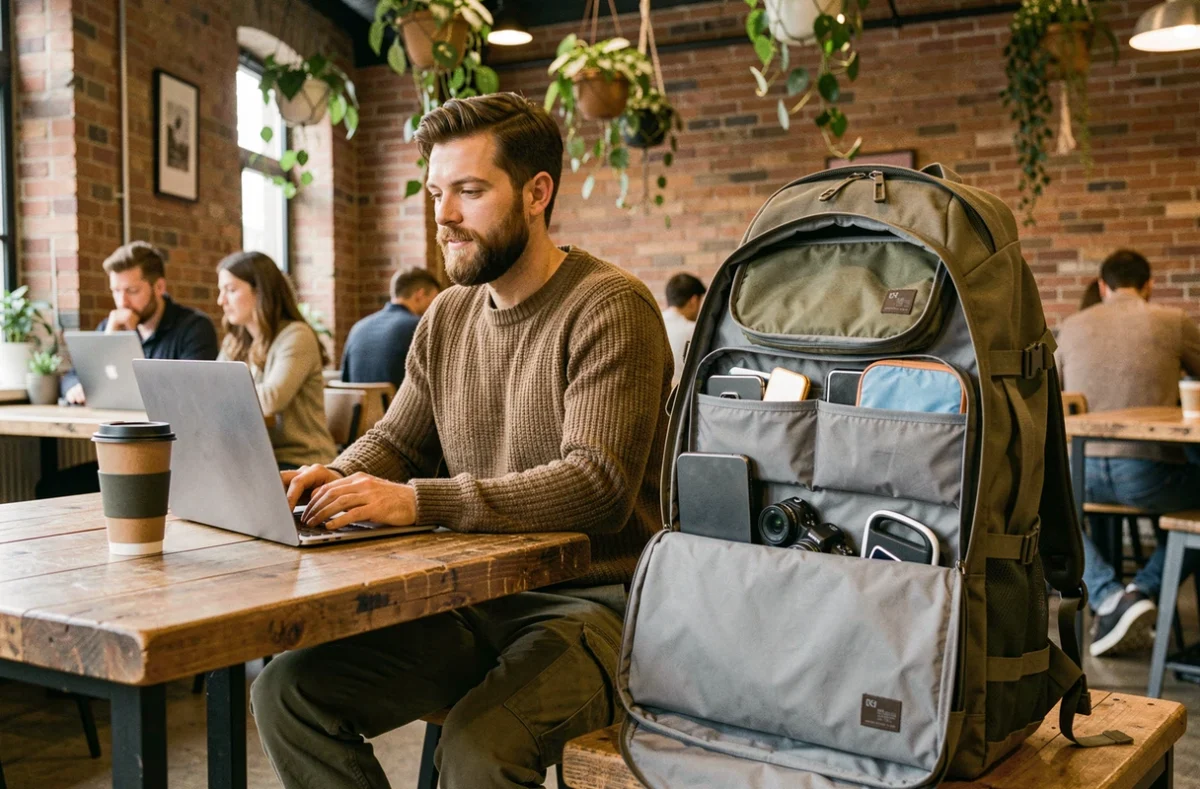 Digital nomad travaillant dans un café coworking avec son sac à dos de voyage organisé