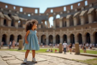 Petite fille admirant le Colisée de Rome, monument emblématique de l'histoire romaine des empereurs