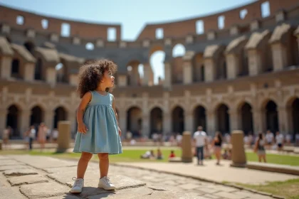 Petite fille admirant le Colisée de Rome, monument emblématique de l'histoire romaine des empereurs