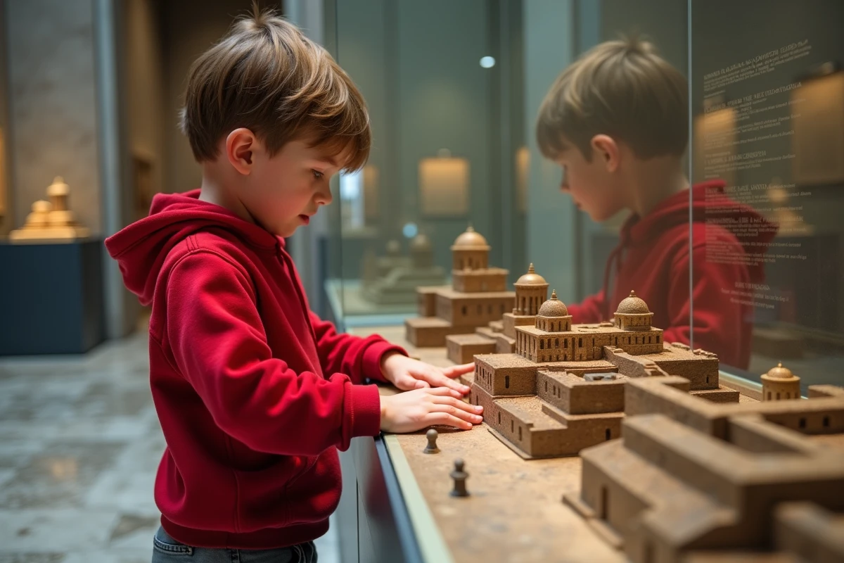 Enfant découvrant une maquette de la Rome antique dans un musée, histoire des rois et empereurs romains