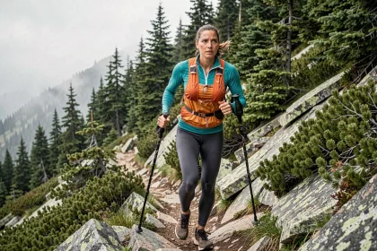 Femme en pleine séance d'entraînement sur un sentier de montagne rocheux, préparation au GR20 avec bâtons de randonnée