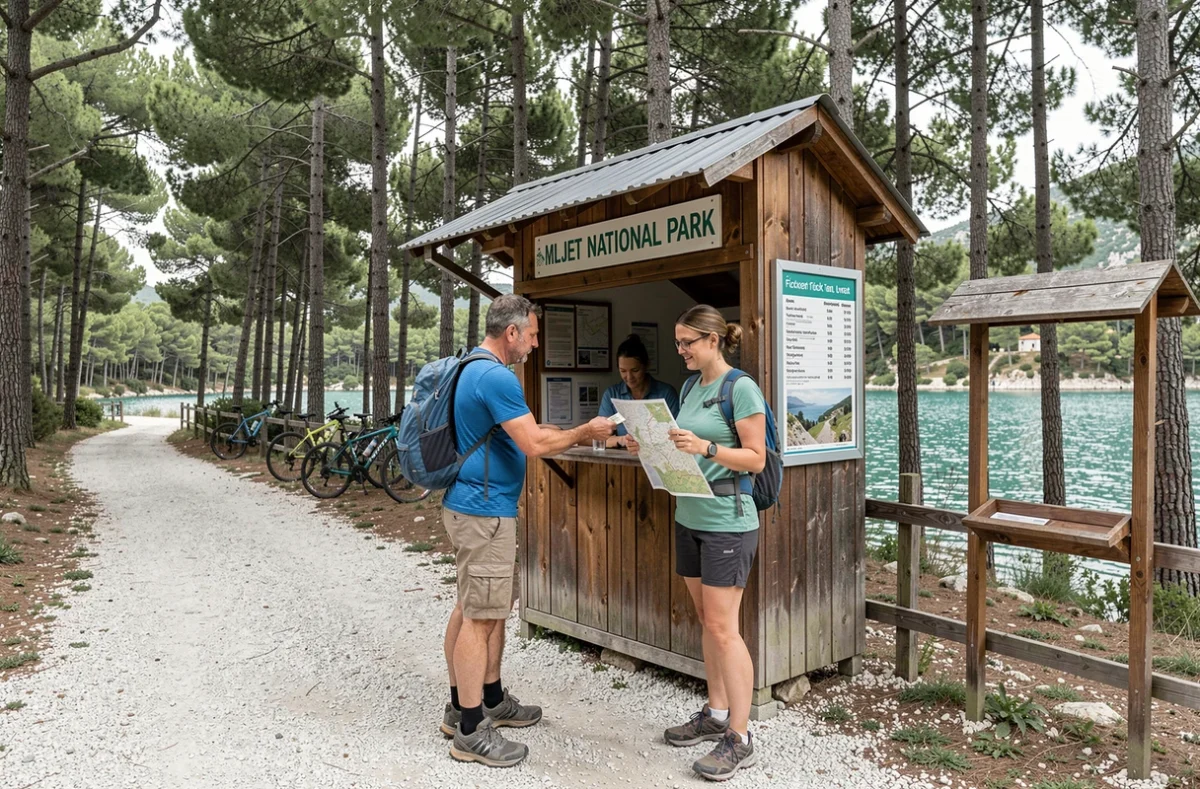 Couple payant l'entrée du parc national de Mljet en Croatie, illustration des coûts de visite de l'île