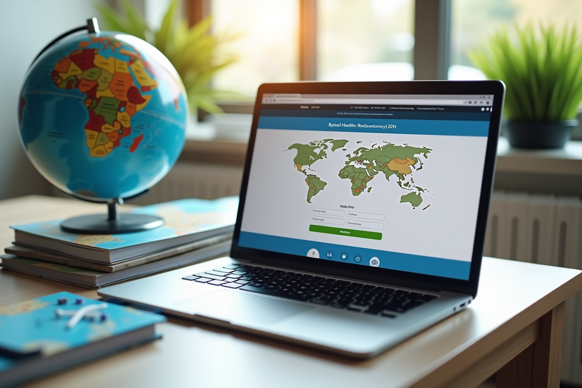 Espace de travail avec ordinateur et guides pour préparer un voyage international