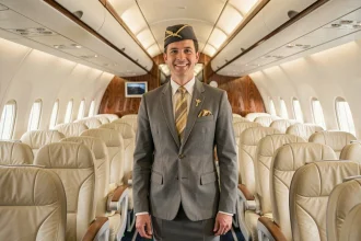 Agent de bord Etihad Airways en uniforme dans la cabine business class d'un avion long-courrier