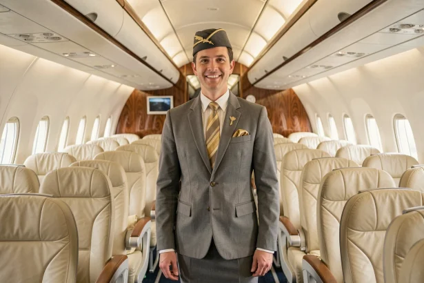Agent de bord Etihad Airways en uniforme dans la cabine business class d'un avion long-courrier