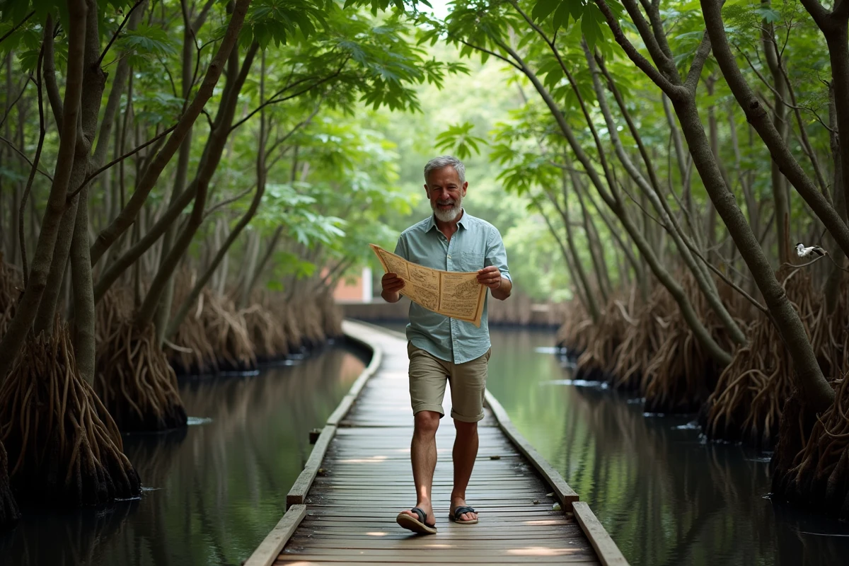 Voyageur explorant un sentier de mangrove en Guadeloupe lors d'une excursion organisée par un hôtel 5 étoiles
