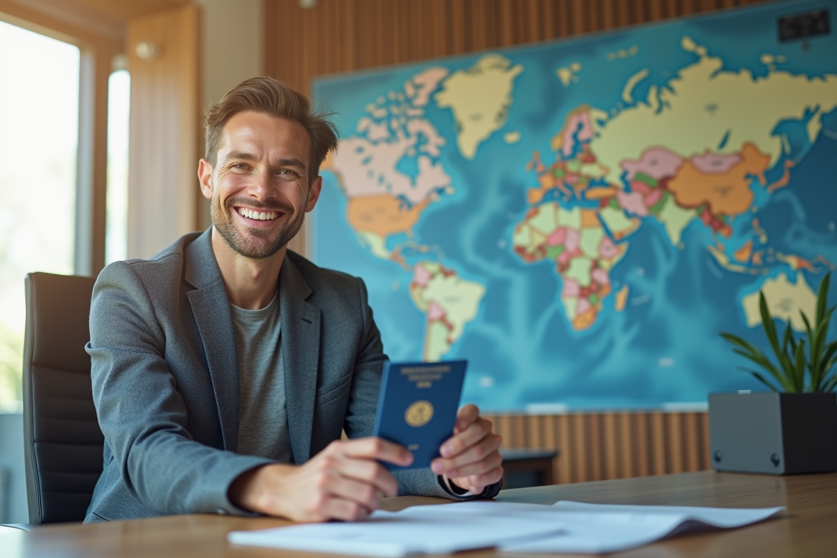 Expatrié souriant au consulat avec passeport et carte officielle