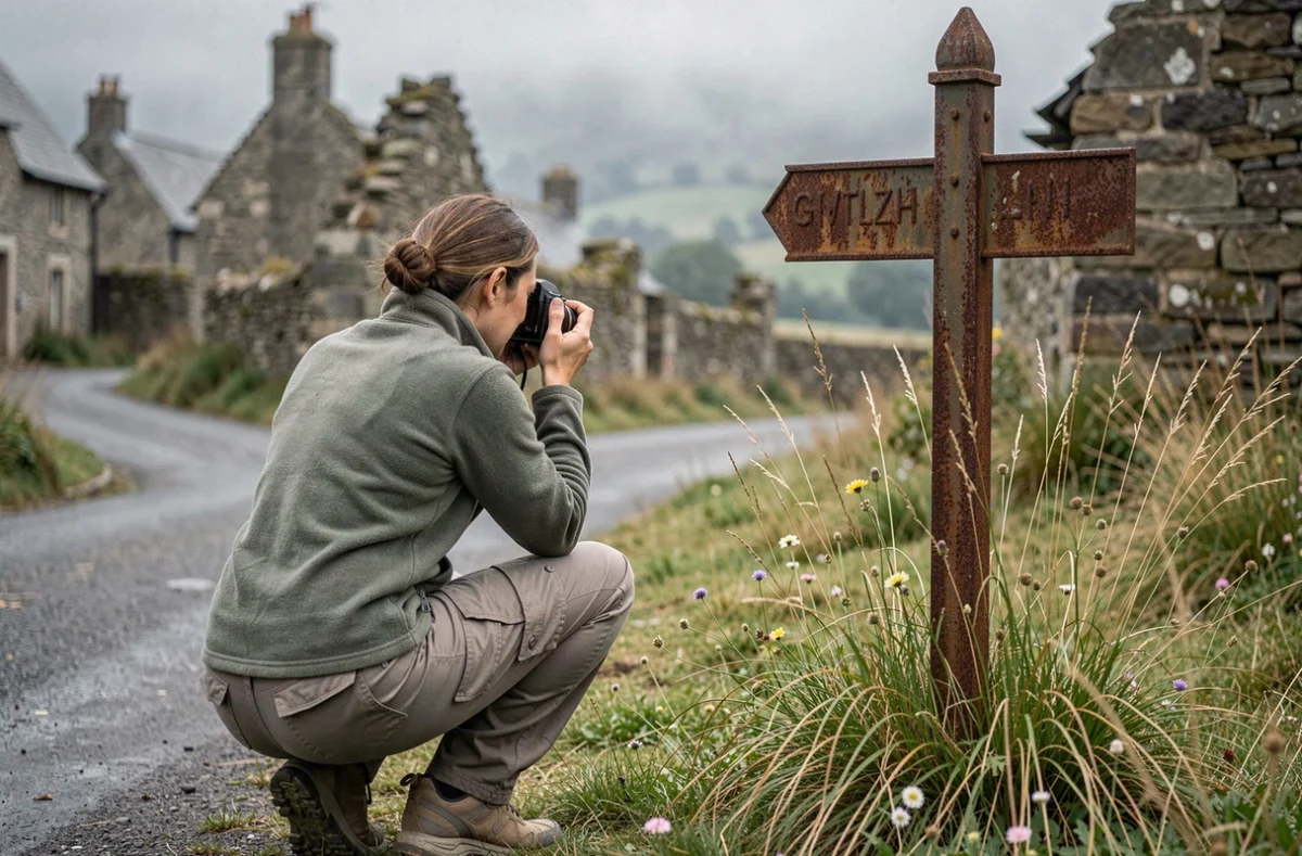 Femme photographiant un panneau rouillé dans un village français abandonné lors d'une balade de découverte