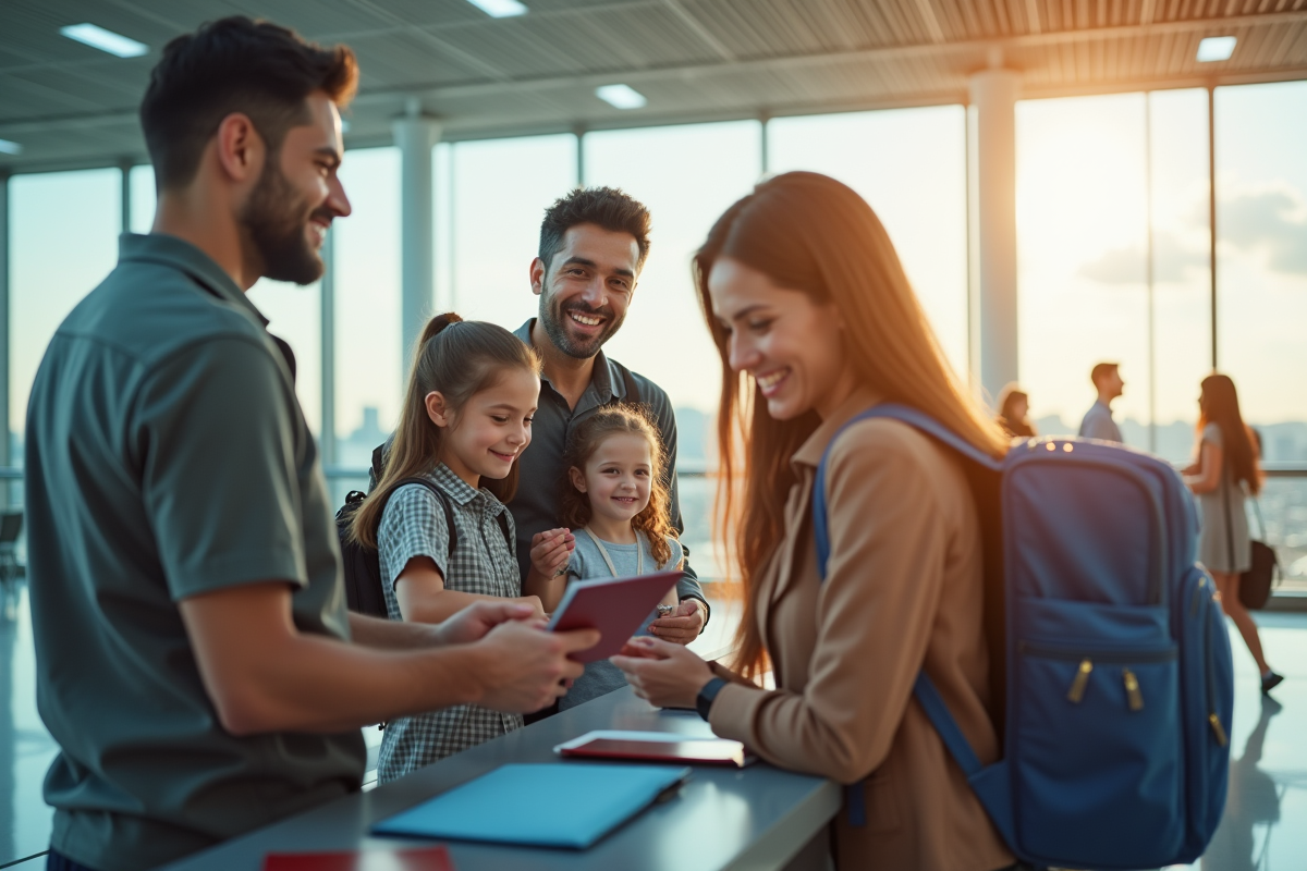 Famille à l'aéroport présentant leurs passeports souriants