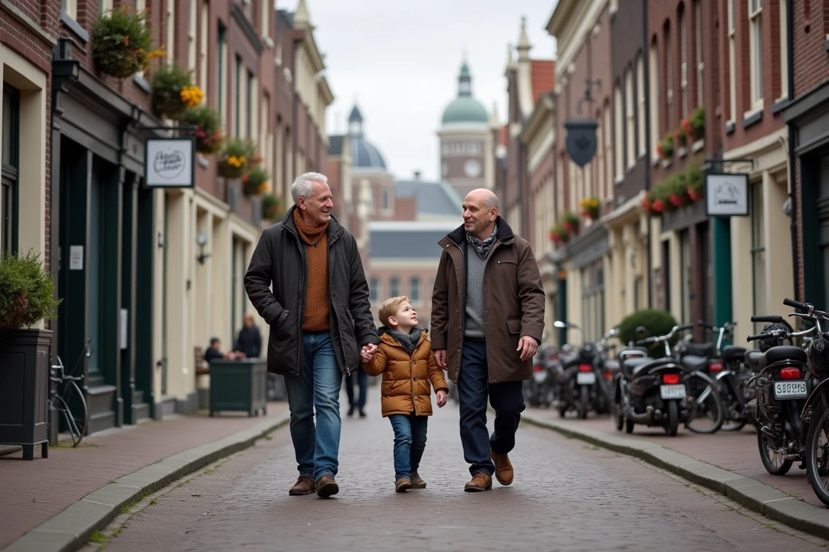 Famille de trois personnes se promenant dans le quartier Jordaan &agrave; Amsterdam