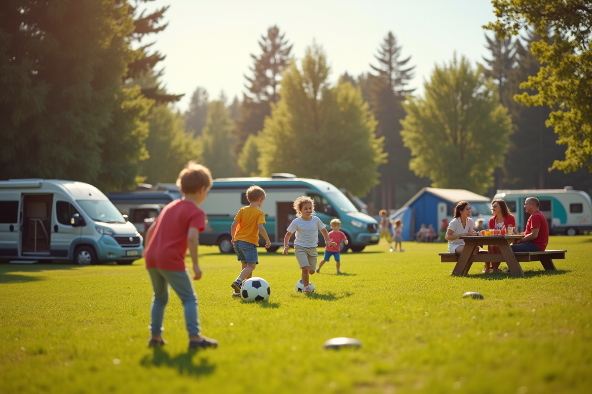 Famille profitant d'activités en plein air au camping moderne