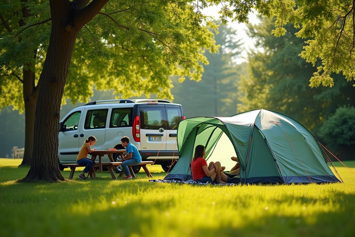 Famille installant une tente sur un camping bien entretenu avec voiture et arbres