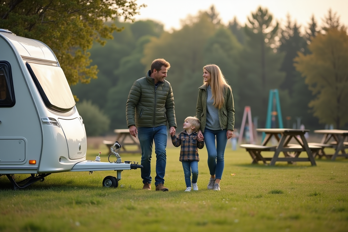 Famille installant une caravane en camping rural