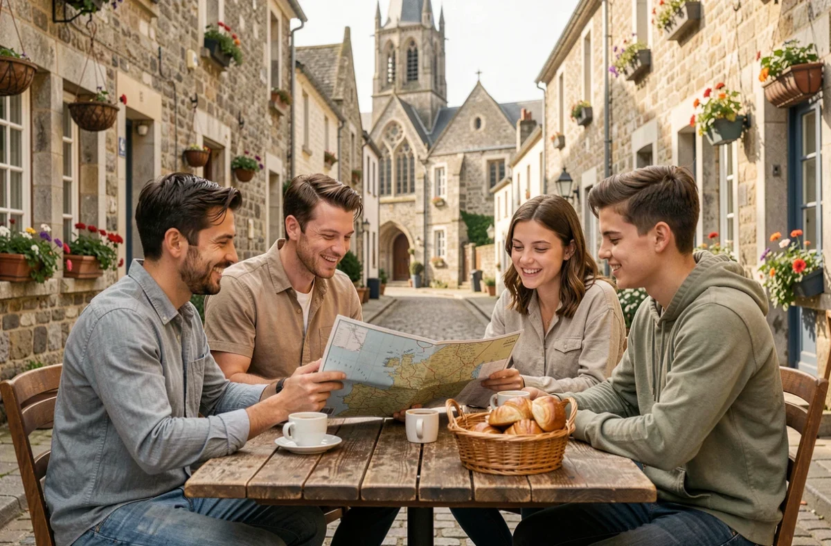 Famille étudiant une carte régionale de Normandie à une terrasse de café dans une ville historique normande