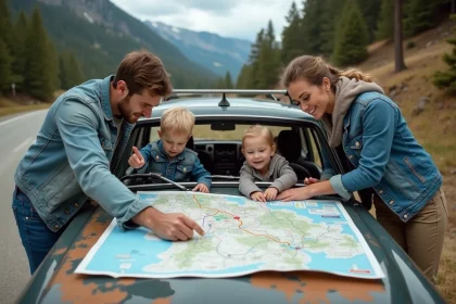 Famille planifiant un trajet sur une carte Michelin dépliée sur le capot d'un break lors d'une halte en montagne