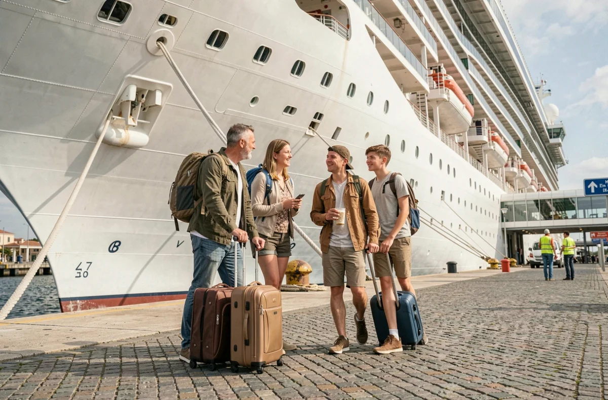 Famille avec bagages embarquant à quai sur un paquebot de croisière dans un port méditerranéen