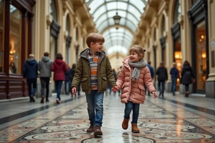 Famille avec enfants dans le passage Vivienne à Paris