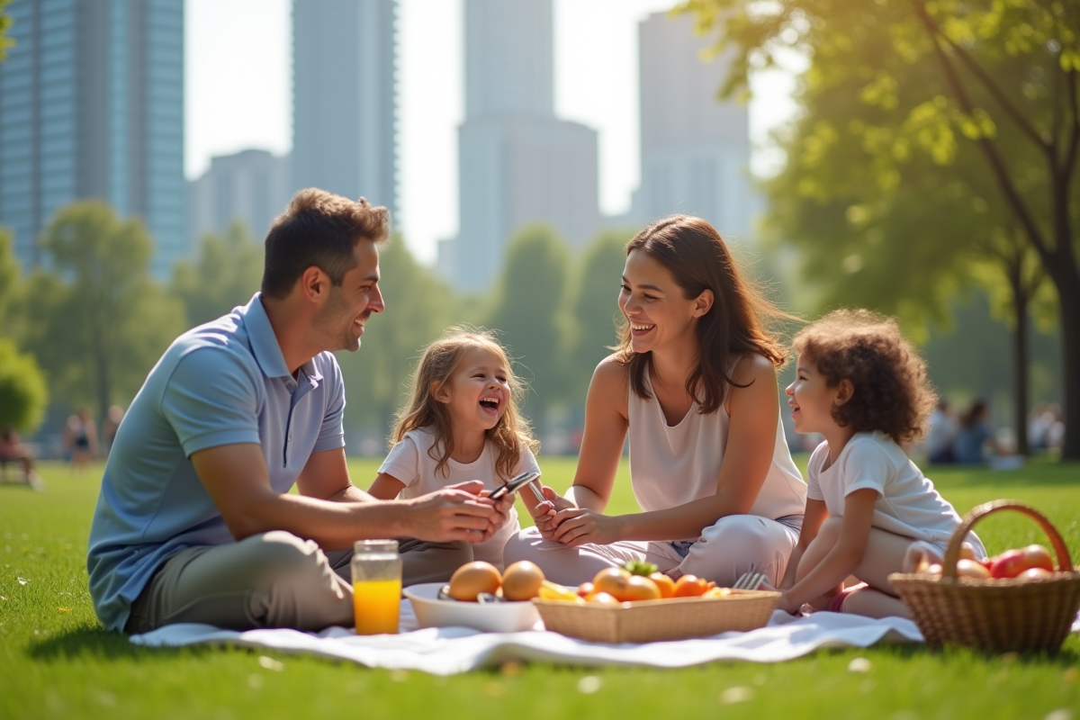 Famille heureuse profitant d'un pique-nique dans un parc urbain moderne