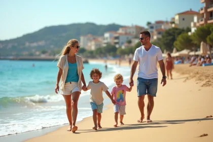 Famille souriante marchant sur la plage en &eacute;t&eacute;