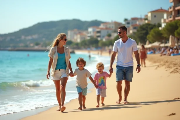 Famille souriante marchant sur la plage en été