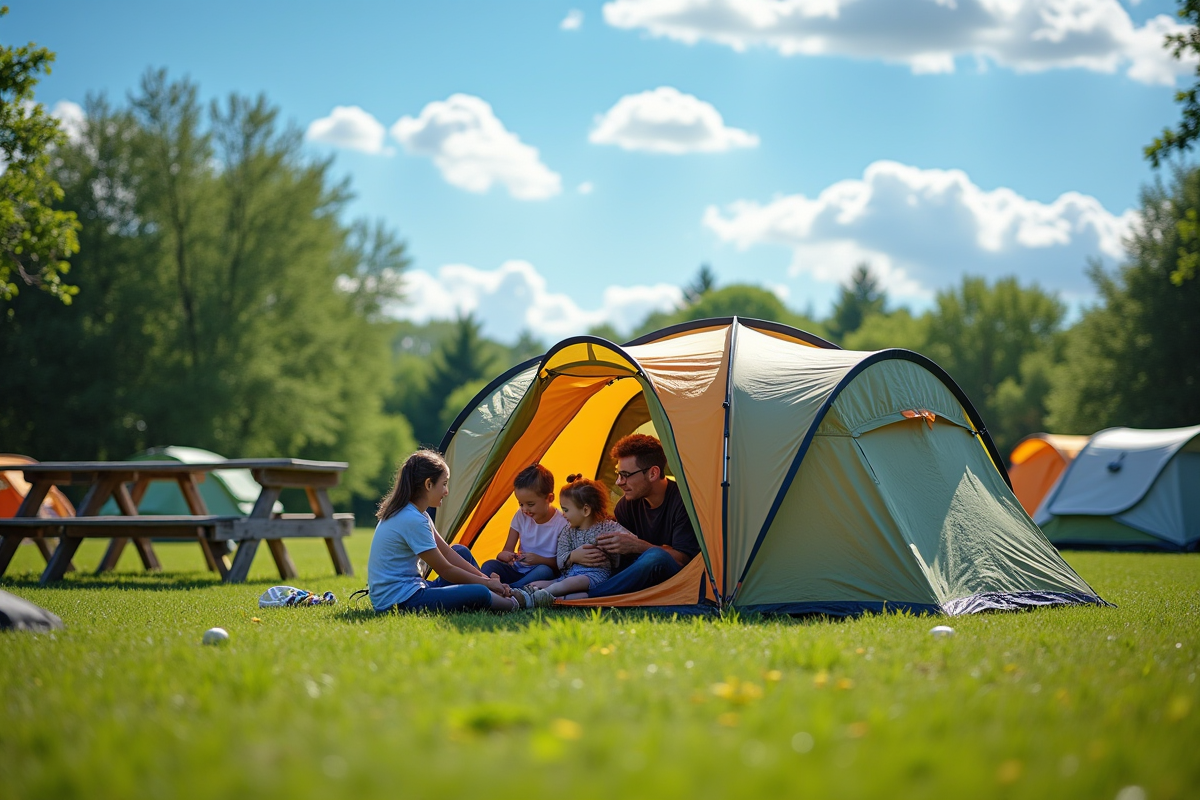 Famille installant leur tente dans un camping bien entretenu