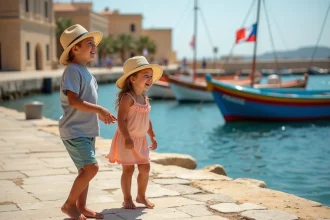 Famille souriante au port de Marsaxlokk avec bateaux colorés