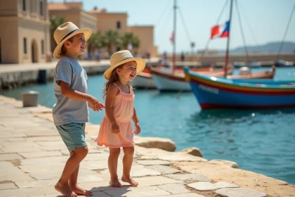Famille souriante au port de Marsaxlokk avec bateaux color&eacute;s