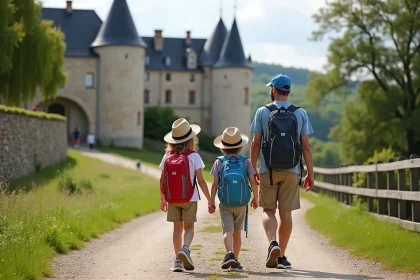 Famille en randonnée devant le château de Requesens