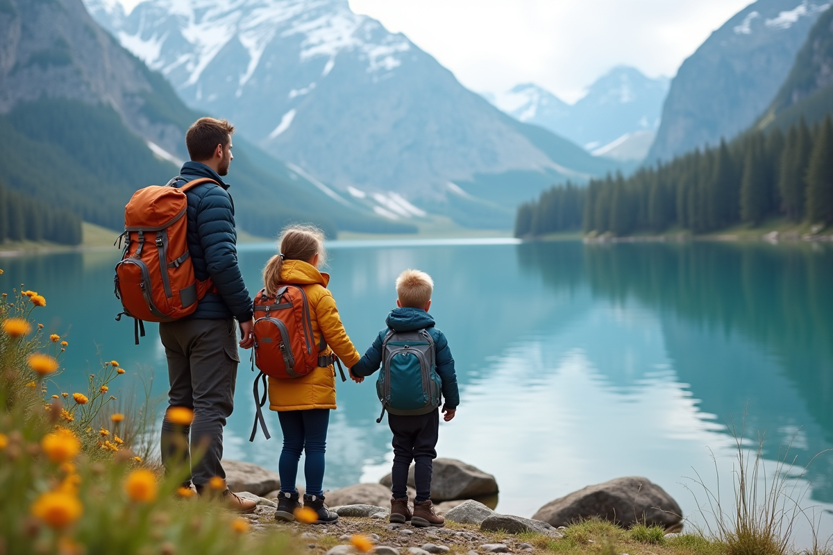 Famille en randonnée admirant un lac alpin en montagne
