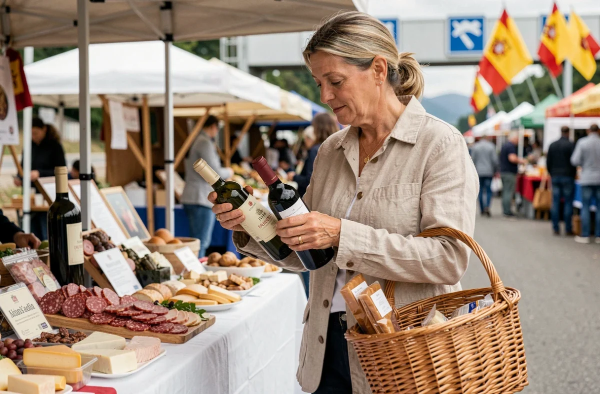 Femme française comparant des vins espagnols au marché frontalier d'Irun lors d'une session de shopping transfrontalier