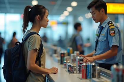Jeune femme à l'aéroport contrôle douane avec objets interdits