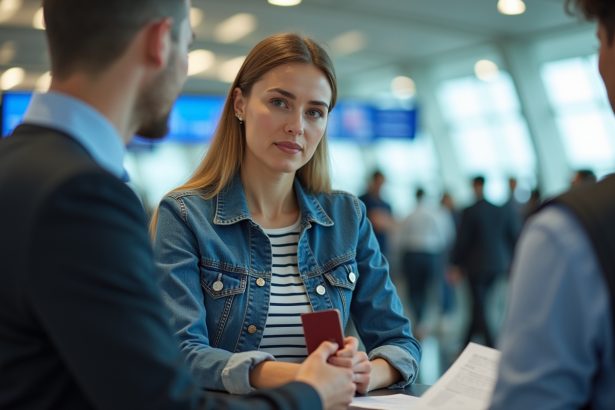 Femme à l'aéroport avec passeport et billet en main