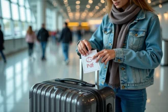Jeune femme attachant une étiquette de bagage à l'aéroport