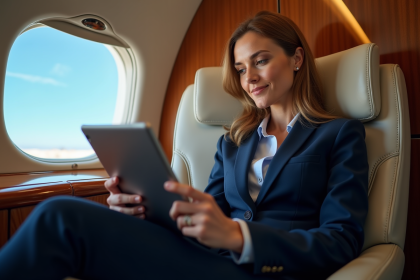 Femme d'affaires en cabine privée d'avion luxe