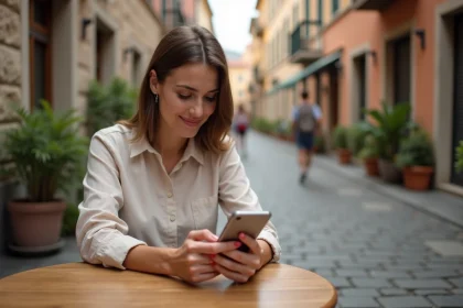 Femme consultant l'application Get Your Guide sur son smartphone en terrasse de café en Europe