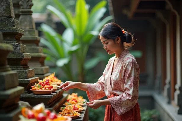 Femme balinaise en kebaya arrangeant des offrandes sur un autel