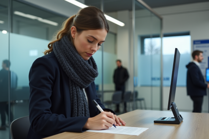 Femme belge remplissant un formulaire de passeport dans un bureau moderne