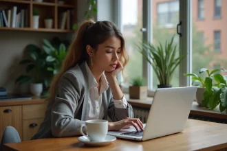 Jeune femme au bureau regardant des options de vol