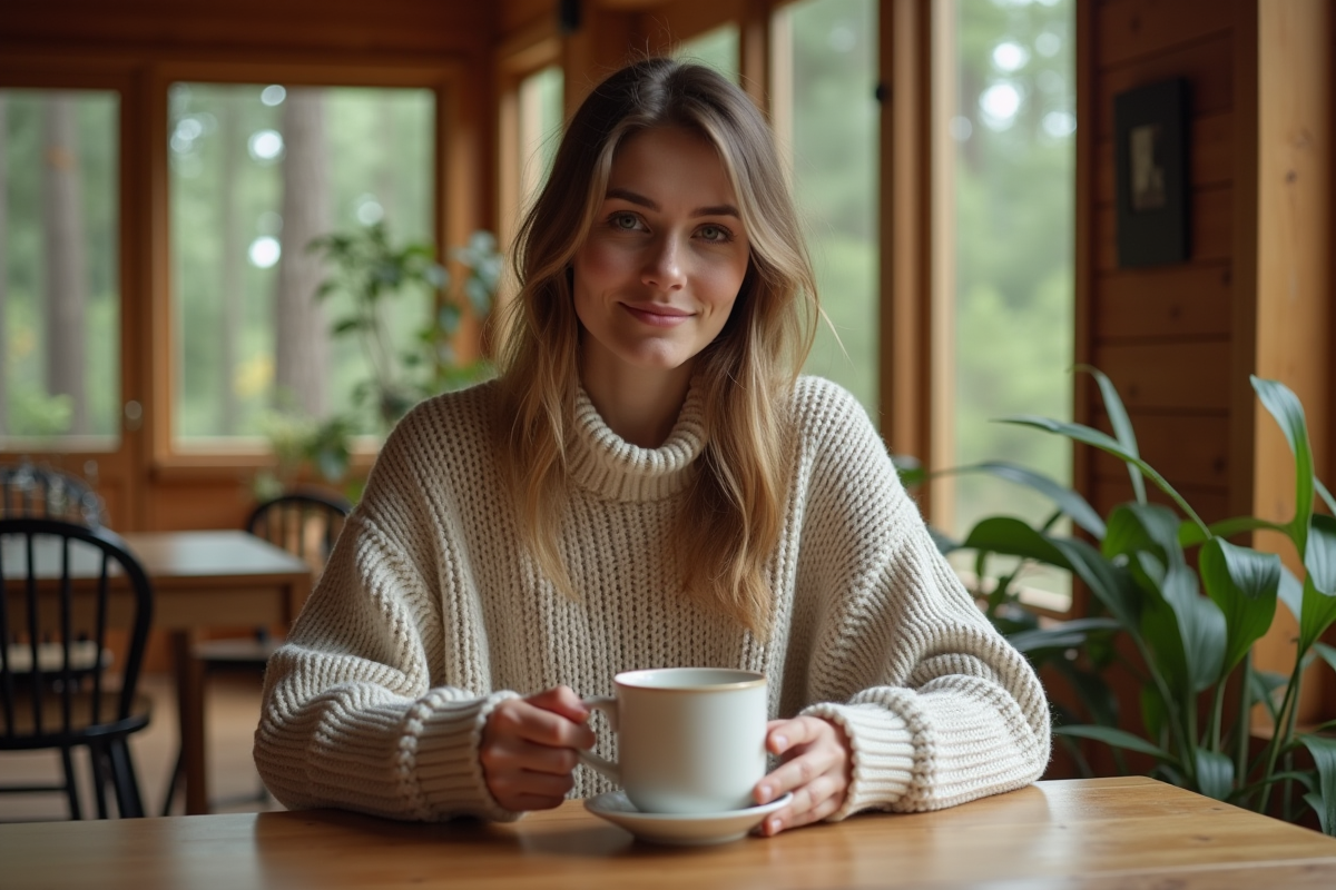 Femme versant du cafe dans un lodge chaleureux