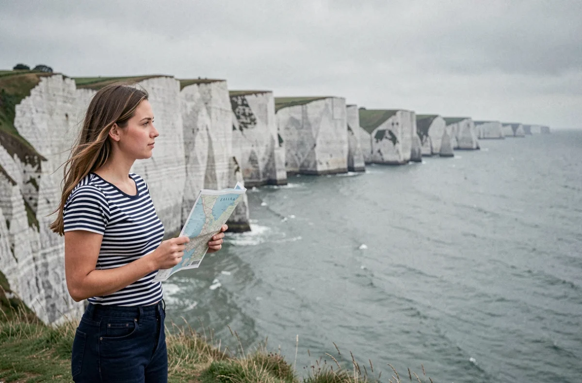 Femme tenant une carte touristique face aux falaises d'Étretat en Normandie au bord de la Manche