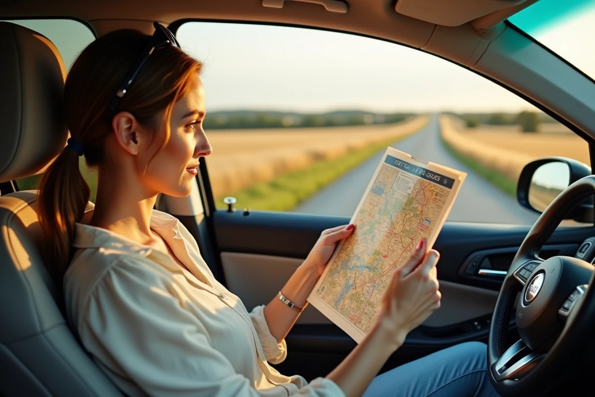 Femme étudiant une carte Michelin dans l'habitacle d'une voiture sur une route de campagne française