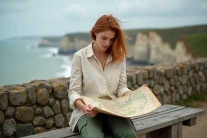 Femme consultant une carte routière de Normandie assise sur un banc en bois face aux falaises côtières