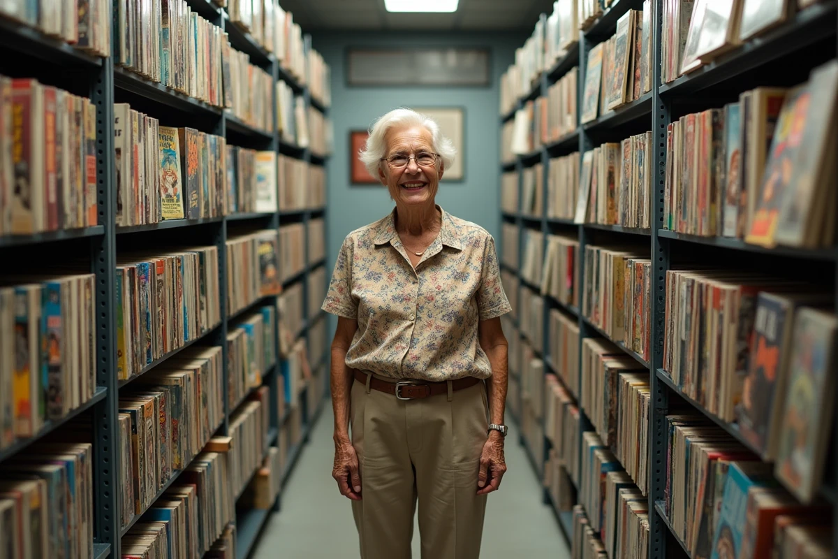 Femme âgée souriante parmi une grande collection de bandes dessinées