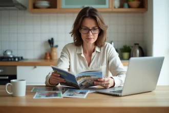 Femme comparant des brochures de voyage Leclerc à la maison pour trouver les meilleures promotions du mardi