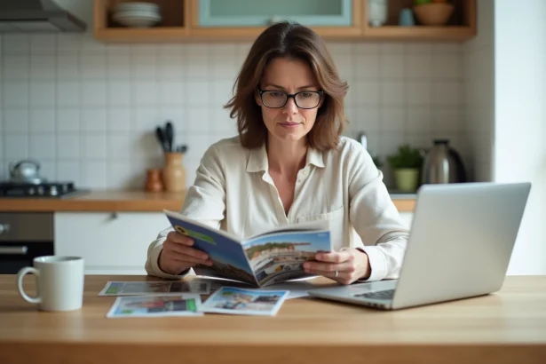 Femme comparant des brochures de voyage Leclerc à la maison pour trouver les meilleures promotions du mardi