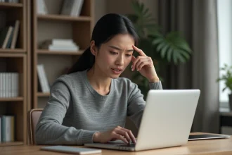 Femme confuse devant un écran d'ordinateur portable cherchant ViaMichelin sur Google et tombant sur un site suspect